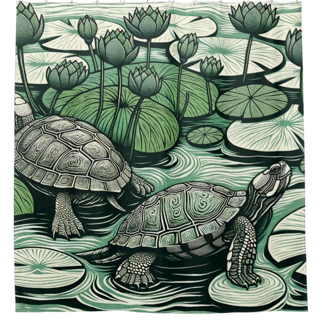 Painted Box Turtles and Lily Pads water lilies     Shower Curtain (Front)