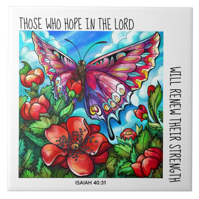 Painted Butterfly on Flowers; verse Isaiah 40:31 Tile (Front)