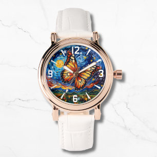 Painted Butterfly Starry Night Sky Elegant Womans Watch