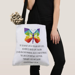 Painted Butterfly, verse from Lamentations 3:22-24 Tote Bag