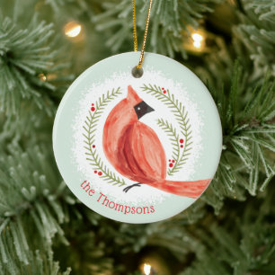 Painted Cardinal Wreath Custom Family Name & Photo Ceramic Tree Decoration