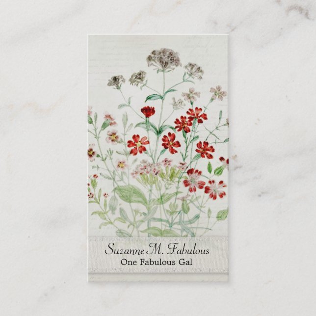 Painted Catchfly Flower Bouquet Vintage Script Business Card (Front)