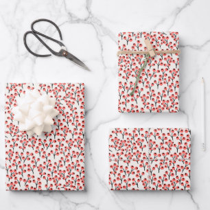 Painted Christmas Branches Holly Berries Red White Wrapping Paper Sheet