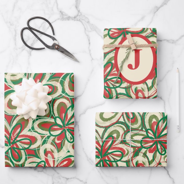 Painted Christmas Retro Floral Pattern Initial Wrapping Paper Sheet (Front)