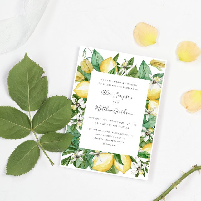 Painted Citrus Lemon and leaves watercolor wedding Invitation (Creator Uploaded)