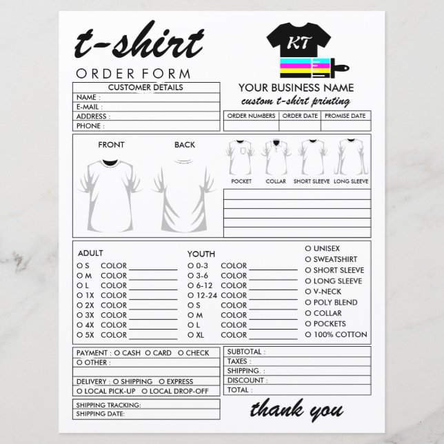 Painted Clothing Apparel T-shirt Print Order Form (Front)