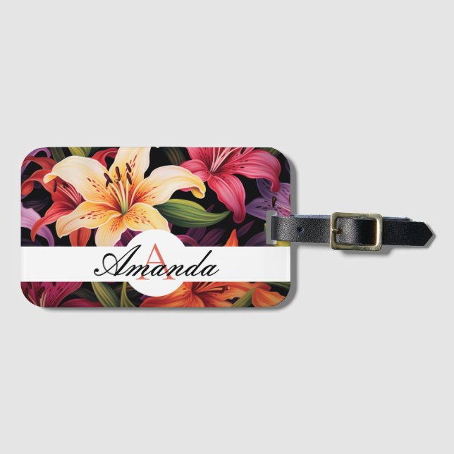 Painted Colourful Lily Flower Pattern Monogramed Luggage Tag (Front Horizontal)