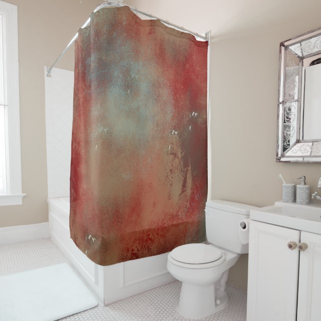 Painted Contemporary Abstract Blue Gold Red Shower Curtain (In Situ)