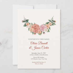 Painted Coral Peony Ranunculus Crescent Wedding Invitation
