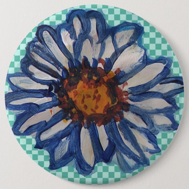 Painted Daisies, on Teal Chequered Background 6 Cm Round Badge (Front)