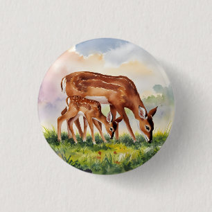 Painted Deer Mom and Baby 3 Cm Round Badge