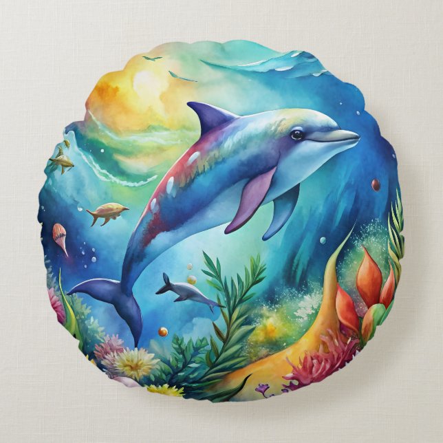 Painted Dolphin Round Cushion (Front)