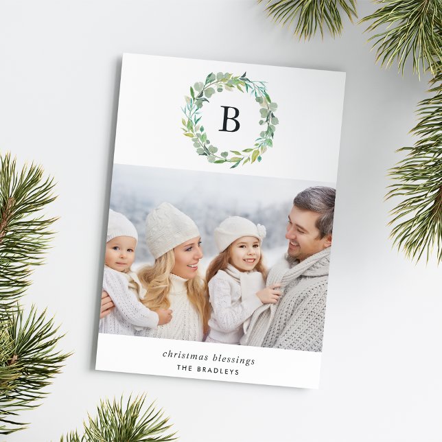 Painted Eucalyptus Monogram | Holiday Photo Card (An elegant monogram holiday photo card with watercolor details.)