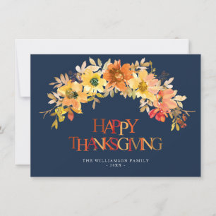 painted fall flowers navy blue Happy Thanksgiving Card