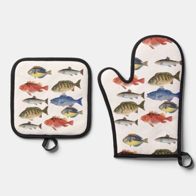 Painted Fish Oven Mitt & Pot Holder Set (Front)