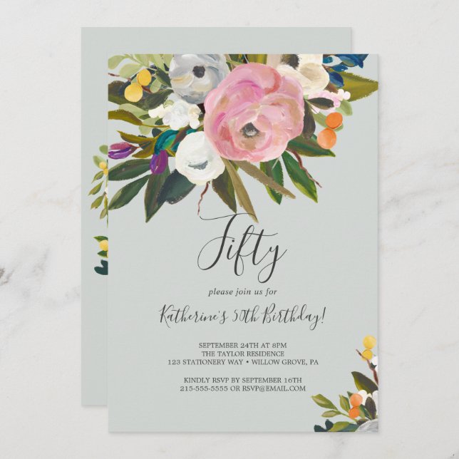 Painted Floral 50th Birthday Invitation (Front/Back)