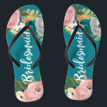 Painted Floral Blooms Bridesmaid Flip Flops<br><div class="desc">White script "Bridesmaid" over exquisite acrylic florals and custom colour background. 

The gorgeous florals are by Create the Cut. Find them on Creative Market https://crmrkt.com/7WdAX,  Etsy https://www.etsy.com/shop/CreateTheCut,  and 
www.createthecut.com

Find matching bridal party sandals in my shop!</div>