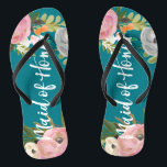 Painted Floral Blooms Maid of Honour Flip Flops<br><div class="desc">White script "maid of honour" over exquisite acrylic florals and custom colour background. 

The gorgeous florals are by Create the Cut. Find them on Creative Market https://crmrkt.com/7WdAX,  Etsy https://www.etsy.com/shop/CreateTheCut,  and 
www.createthecut.com

Find matching bridal party sandals in my shop!</div>