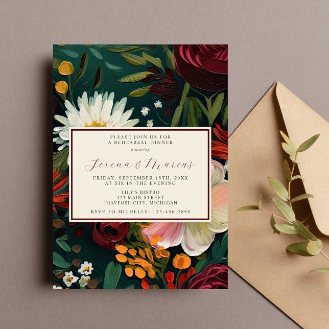Painted Floral Burgundy Green Rehearsal Dinner Invitation (Creator Uploaded)