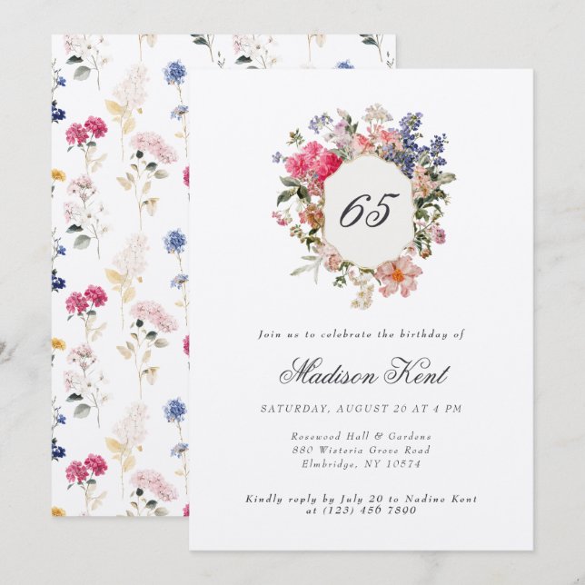 Painted Floral Crest 65th Birthday Party Invitation (Front/Back)