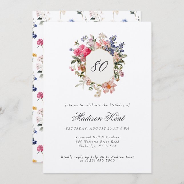 Painted Floral Crest 80th Birthday Party Invitation (Front/Back)