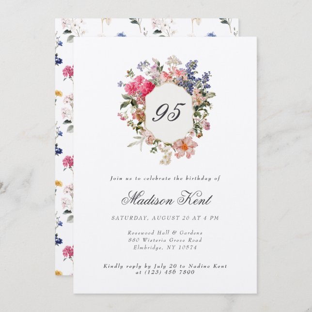 Painted Floral Crest 95th Birthday Party Invitation (Front/Back)