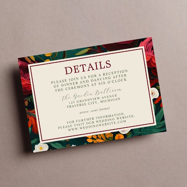 Painted Floral Dark Burgundy Green Teal Wedding Enclosure Card (Creator Uploaded)