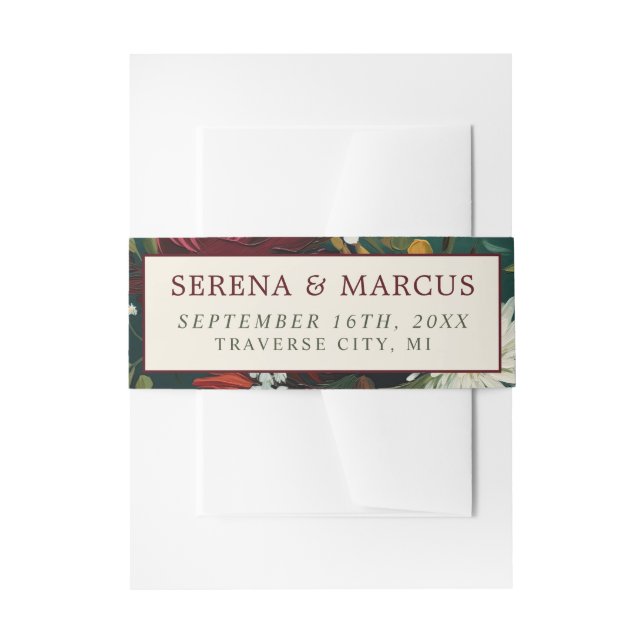 Painted Floral Dark Burgundy Green Teal Wedding Invitation Belly Band (Front Example)