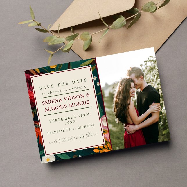 Painted Floral Dark Burgundy Green Teal Wedding Save The Date (Creator Uploaded)