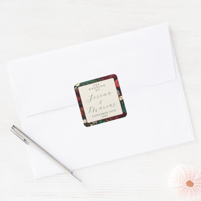 Painted Floral Dark Burgundy Green Teal Wedding Square Sticker (Envelope)