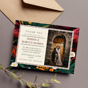 Painted Floral Dark Burgundy Green Teal Wedding Thank You Card