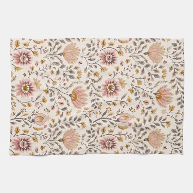 Painted Floral Folk Art Tea Towel (Horizontal)