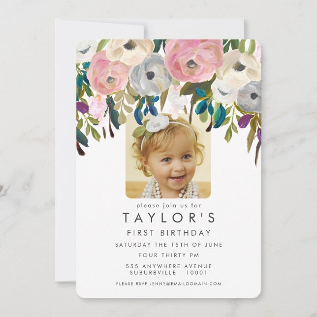 Painted Floral Girls 1st Birthday Photo Invite (Front)