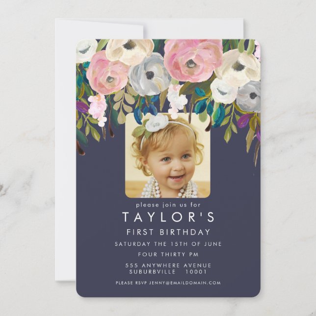 Painted Floral Girls Birthday Party Photo Invite (Front)