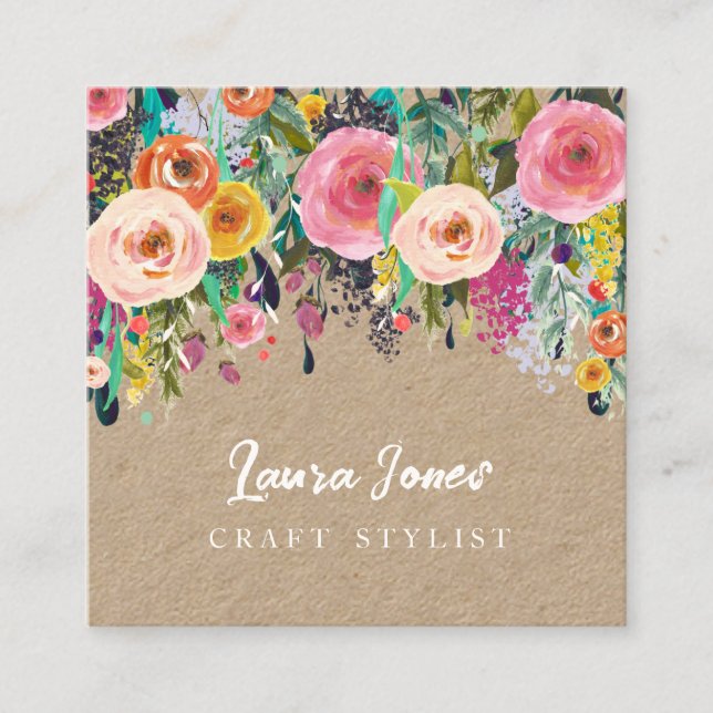 Painted Floral Kraft Square Stylist Profile Appointment Card (Front)