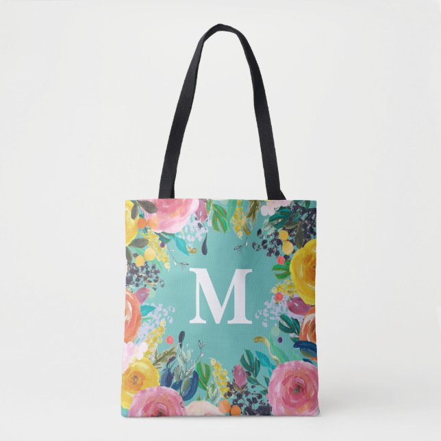 Painted Floral Personalised Monogram Canvas Bag (Front)
