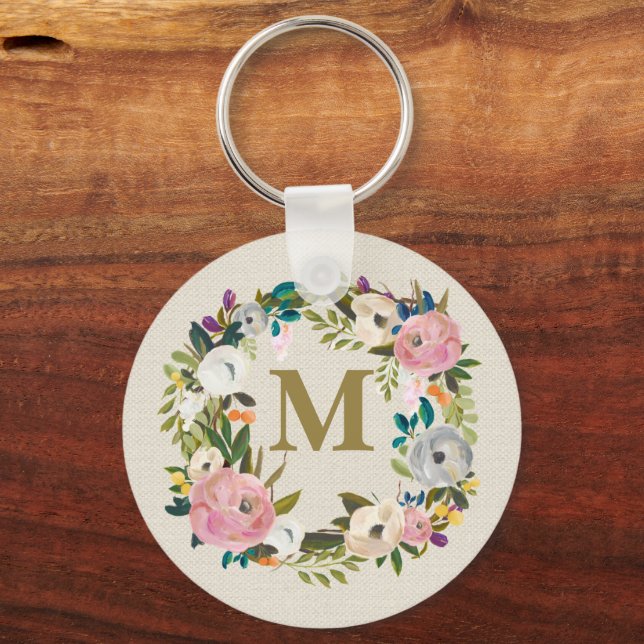Painted Floral Personalized Monogram Canvas Bag Key Ring (Front)