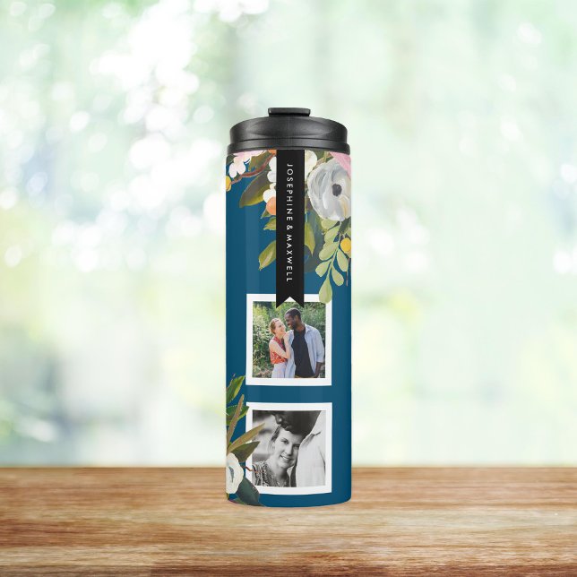 Painted Floral Photo Collage Personalised Names Thermal Tumbler (Creator Uploaded)