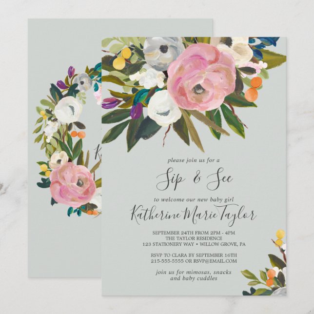 Painted Floral Sip and See Invitation (Front/Back)