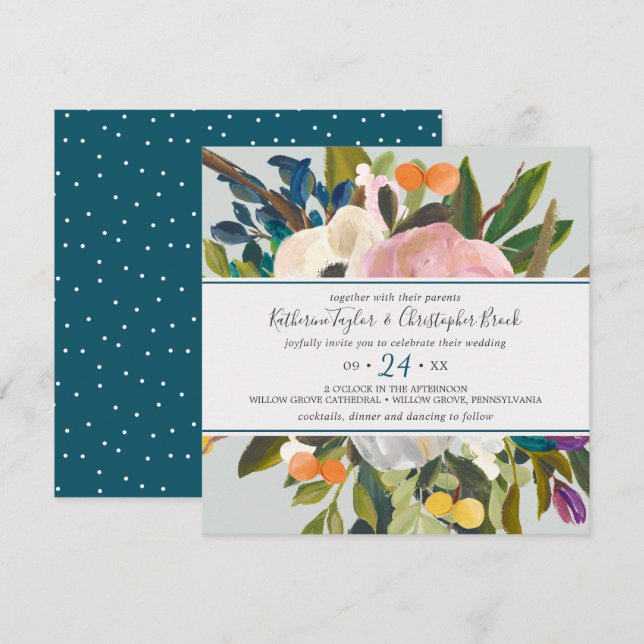 Painted Floral Square Wedding Invitation (Front/Back)