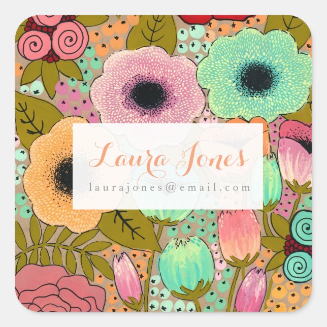 Painted Floral This Belongs To Personalised Square Sticker (Front)