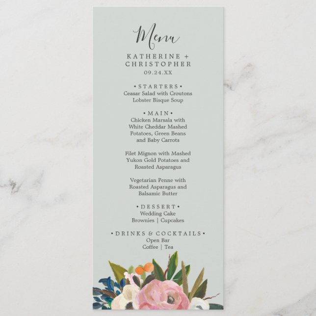 Painted Floral Wedding Dinner Menu (Front)
