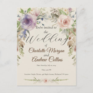 Painted floral wedding invitation postcard