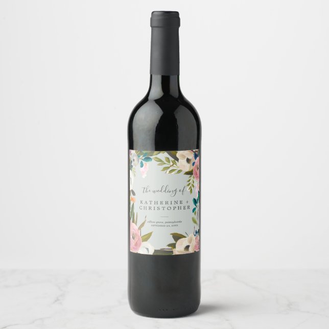 Painted Floral Wedding Wine Label (Front)