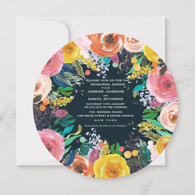Painted Floral Wreath Rehearsal Dinner Circle Invitation (Front)
