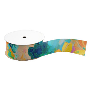 Painted Floral Yellow Blue Green Pink Art Colourfu Grosgrain Ribbon