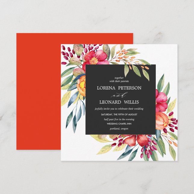 Painted Flower Modern ELEGANT Rustic square grey Invitation (Front/Back)