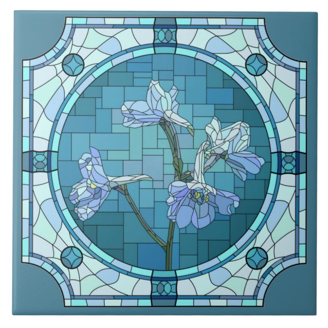 Painted Flowers, Blue Iris (stained glass look) Tile (Front)