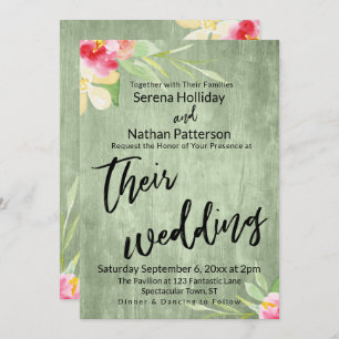 Painted Flowers Green Wood Casual Wedding Script Invitation