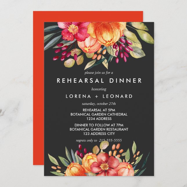 Painted  Flowers Grey REHEARSAL DINNER Wedding Invitation (Front/Back)